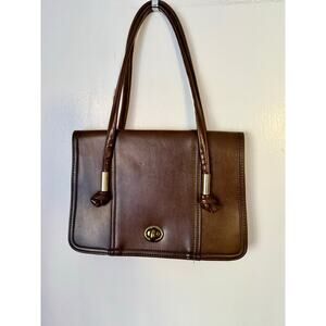Vintage 70’s Brown Leather Lock Closure Purse Classic Retro Shoulder Bag Pinup
